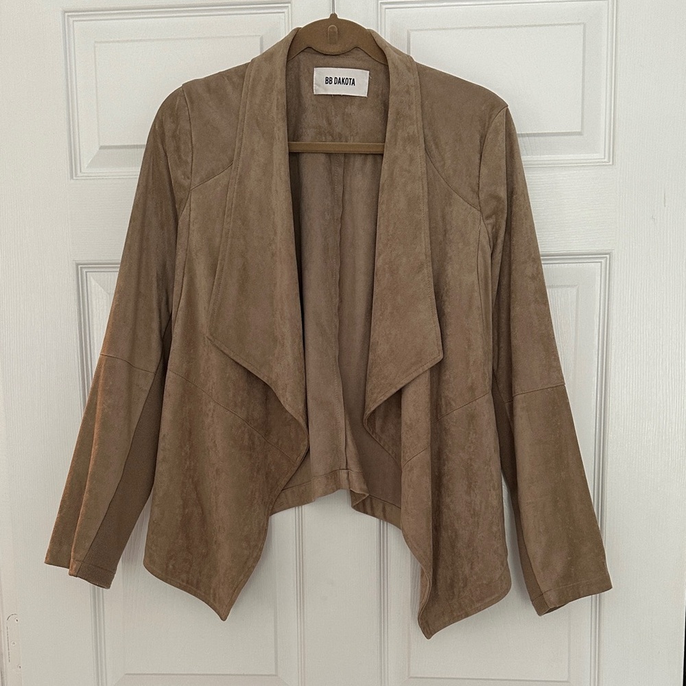 BB Dakota Taupe Faux-Suede Draped Open Front Jacket